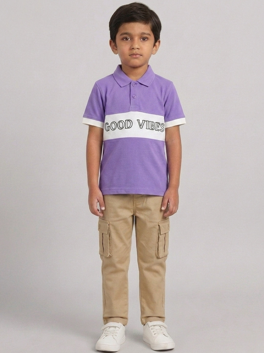 Boys Pure Cotton Lavender & Off White Color Pique Polo T Shirt with Good Vibes design Print