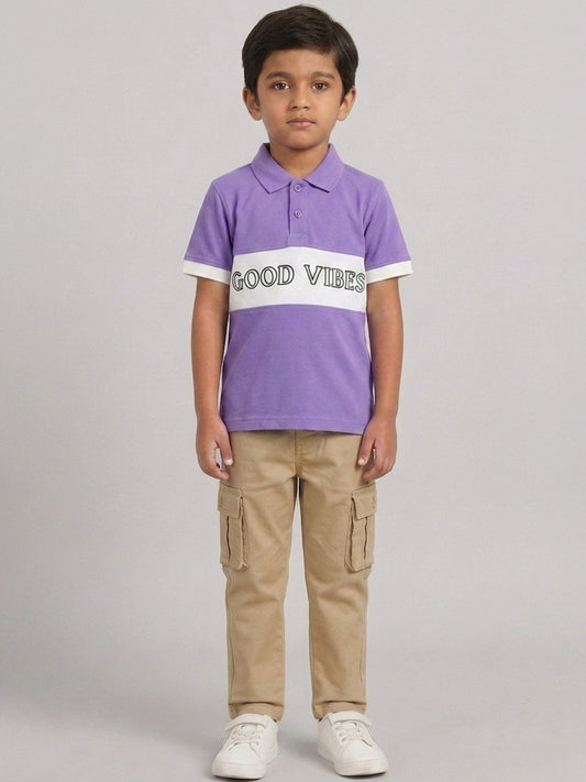Boys Pure Cotton Lavender & Off White Color Pique Polo T Shirt with Good Vibes design Print