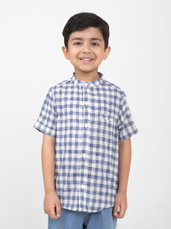 Boys Cotton Half Sleeves Mandarin Collar Shirts (Blue)