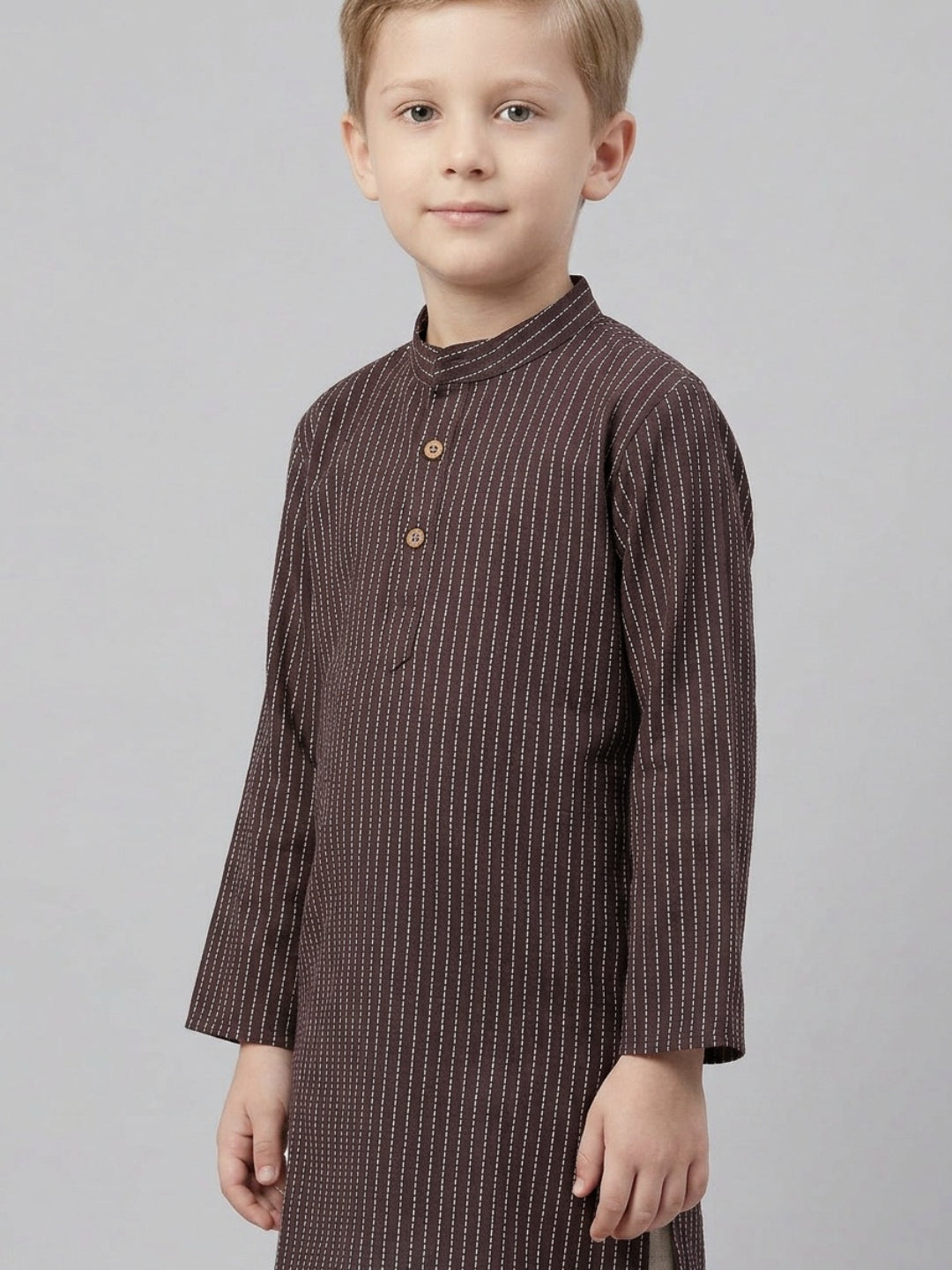 Biglilpeople Boys Brown Striped Cotton Kurta Set