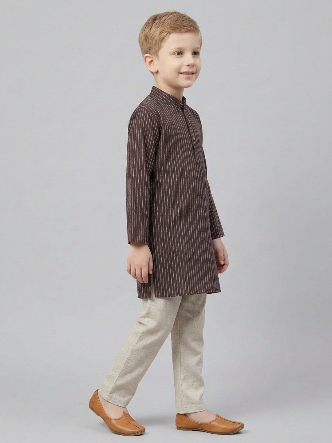 Biglilpeople Boys Brown Striped Cotton Kurta Set