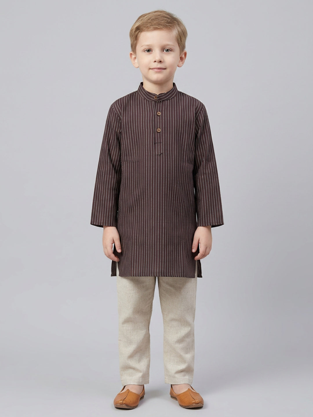 Biglilpeople Boys Brown Striped Cotton Kurta Set