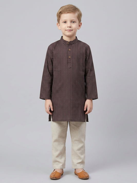 Biglilpeople Boys Brown Striped Cotton Kurta Set