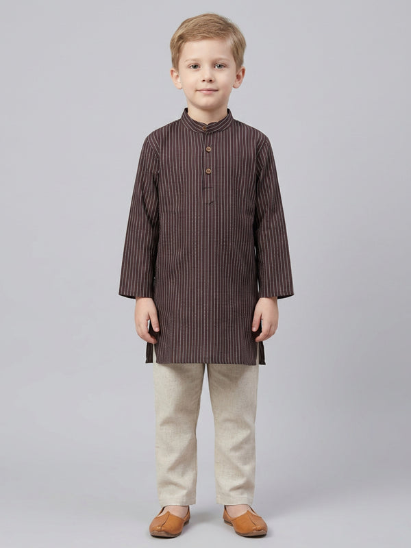Biglilpeople Boys Brown Striped Cotton Kurta Set