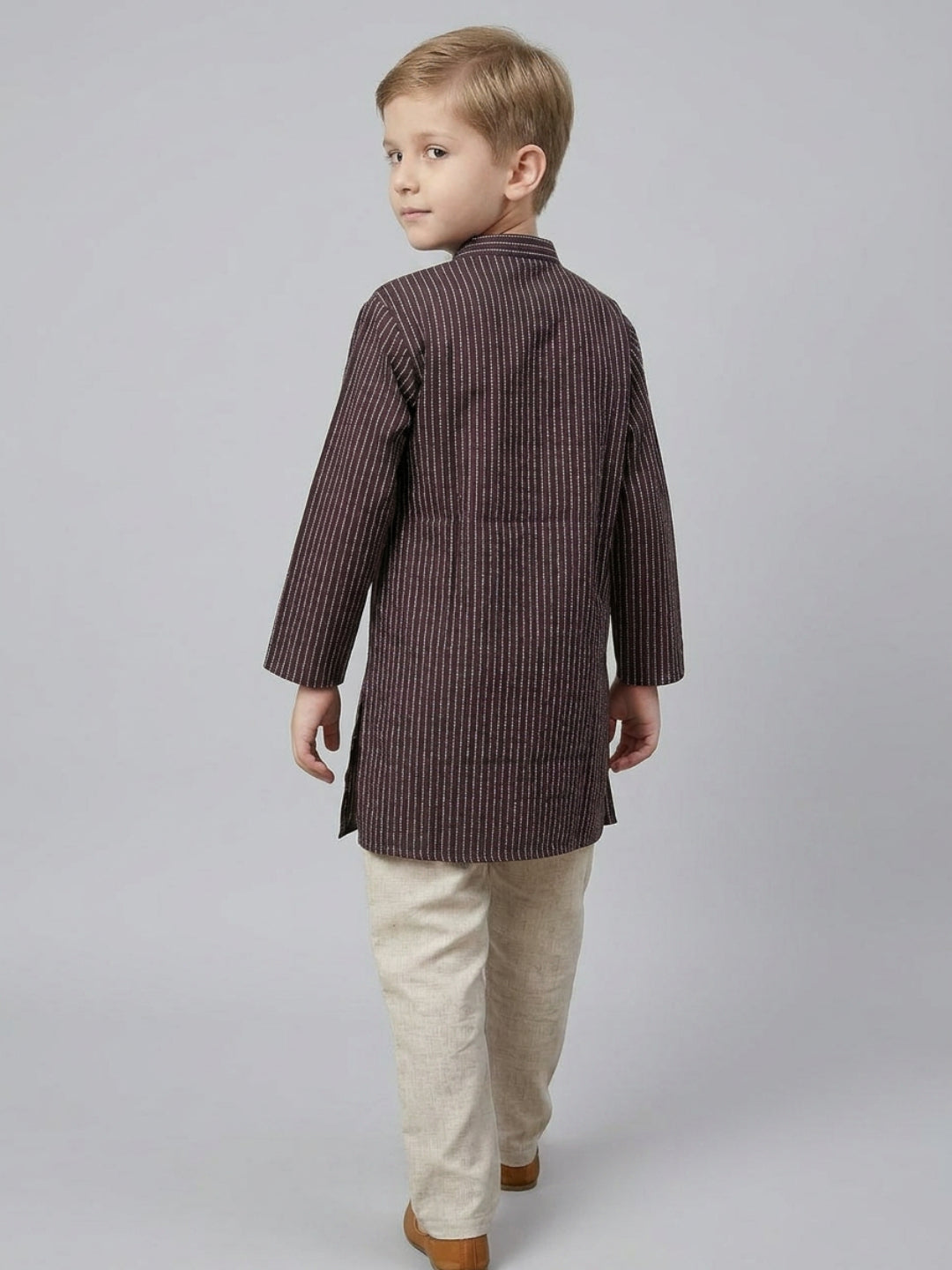Biglilpeople Boys Brown Striped Cotton Kurta Set