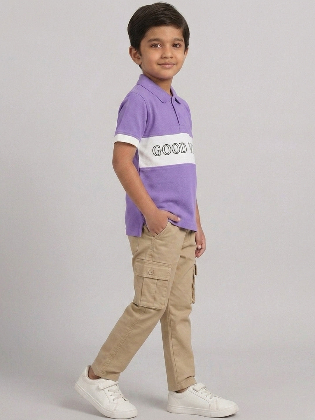 Boys Pure Cotton Lavender & Off White Color Pique Polo T Shirt with Good Vibes design Print