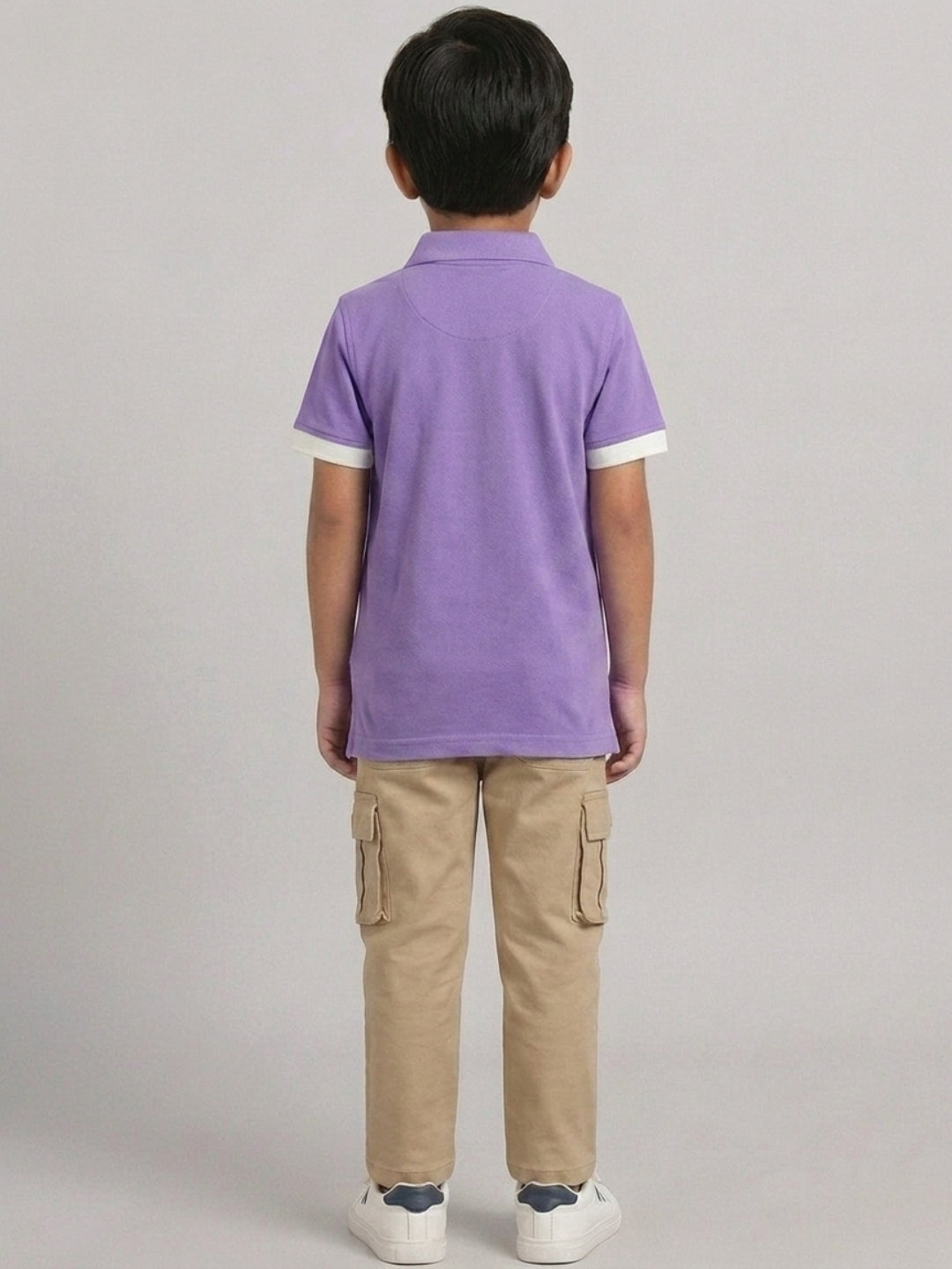 Boys Pure Cotton Lavender & Off White Color Pique Polo T Shirt with Good Vibes design Print