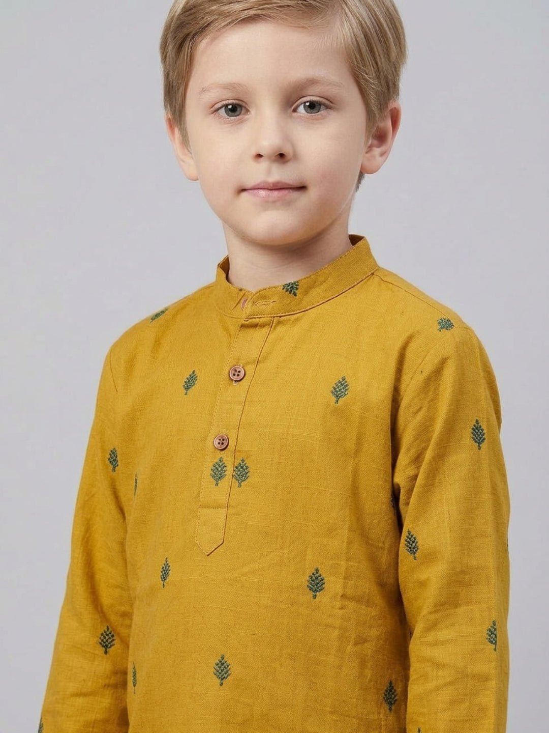 Biglilpeople Boys Mustard Yellow Cotton Kurta Set with Embroidered Detail