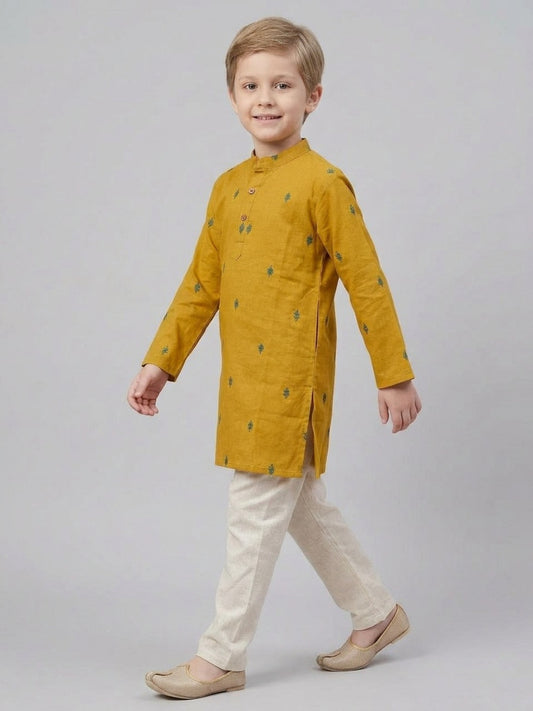 Biglilpeople Boys Mustard Yellow Cotton Kurta Set with Embroidered Detail