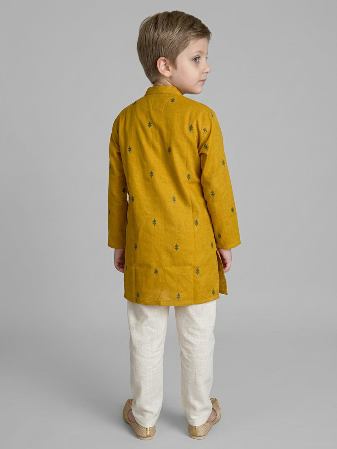 Biglilpeople Boys Mustard Yellow Cotton Kurta Set with Embroidered Detail