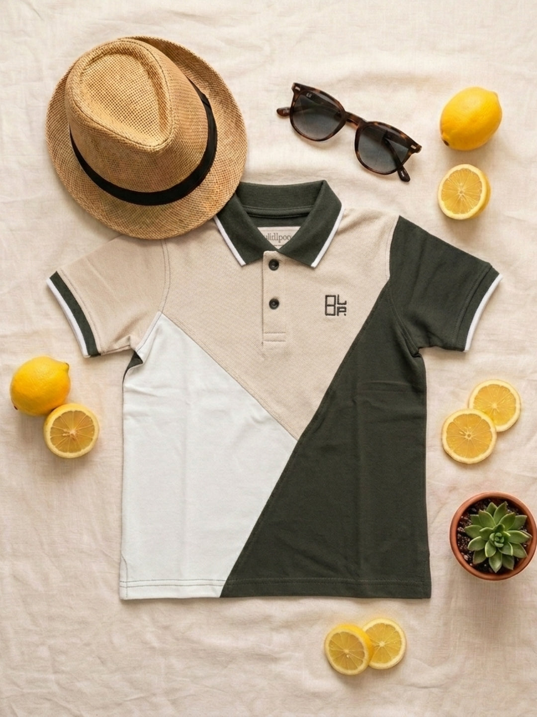 Boys Pure Cotton Tricolors Pique Polo T Shirt (Olive, Peach & Off White)