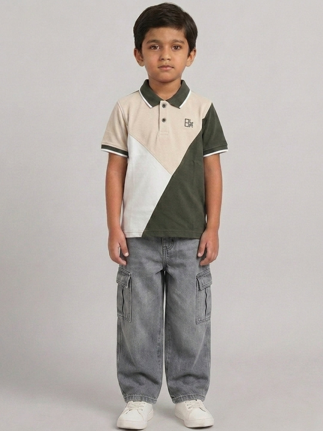 Boys Pure Cotton Tricolors Pique Polo T Shirt (Olive, Peach & Off White)