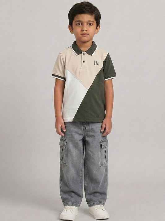 Boys Pure Cotton Tricolors Pique Polo T Shirt (Olive, Peach & Off White)