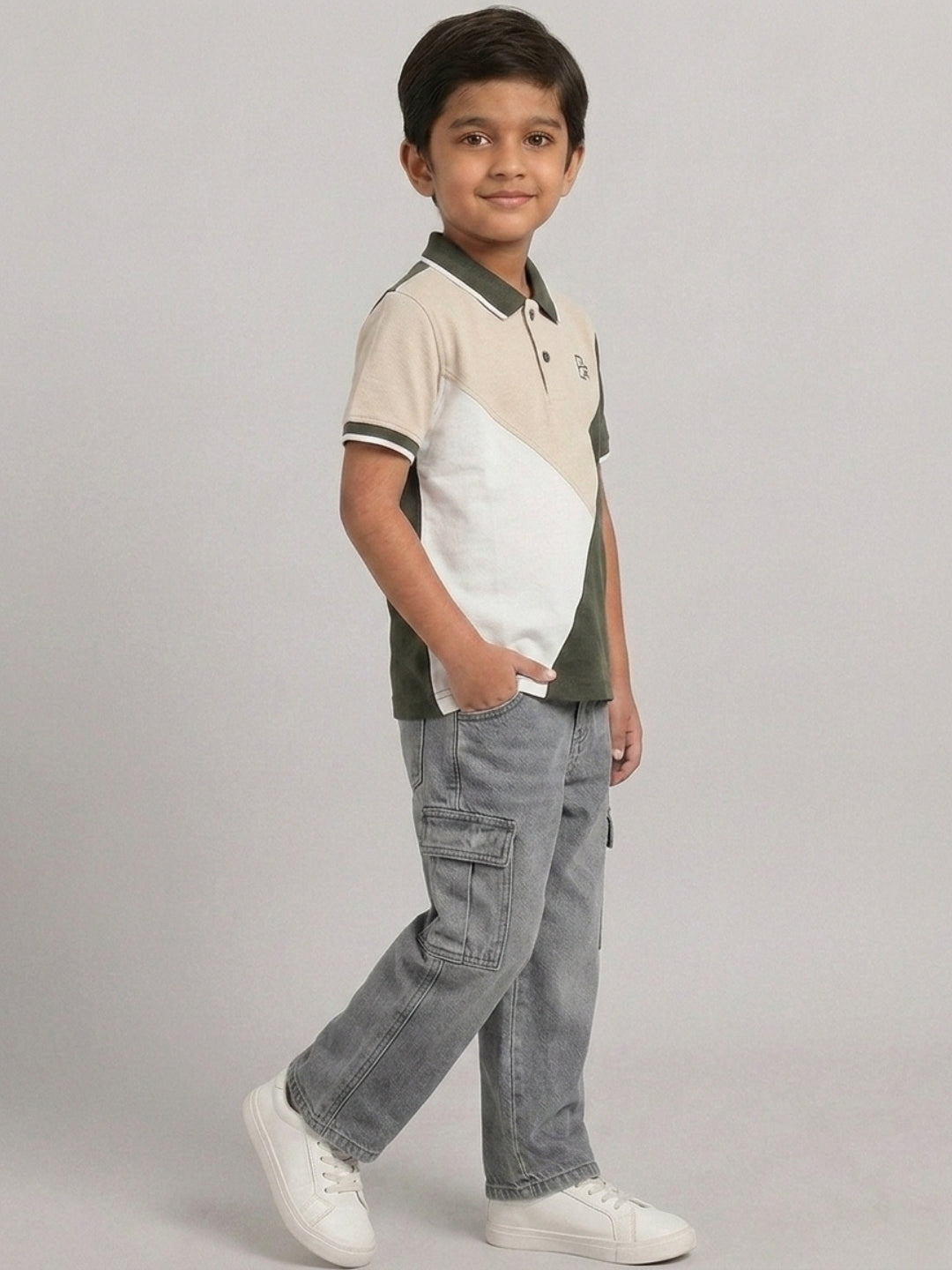 Boys Pure Cotton Tricolors Pique Polo T Shirt (Olive, Peach & Off White)