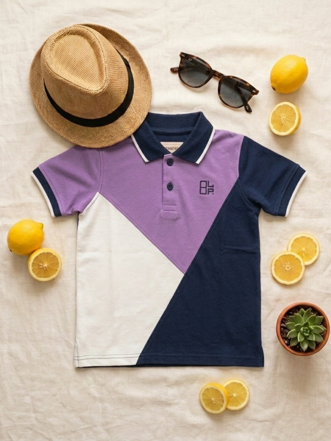 Boys Pure Cotton Tricolors Pique Polo T Shirt (Lavender, Navy & Off White)