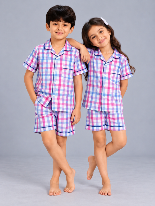 Biglilpeople Kids Multicolour Checked Cotton Short Sleeve Shirt & Shorts Nightsuit