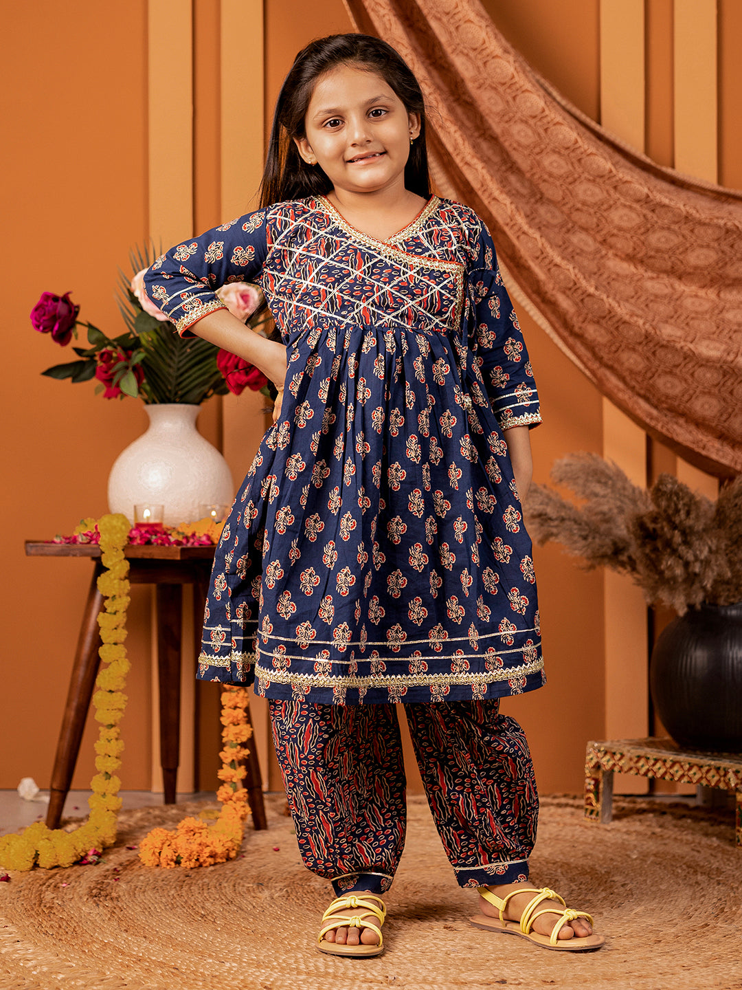 Salwar Suit set in Ajrakh Print - Navy