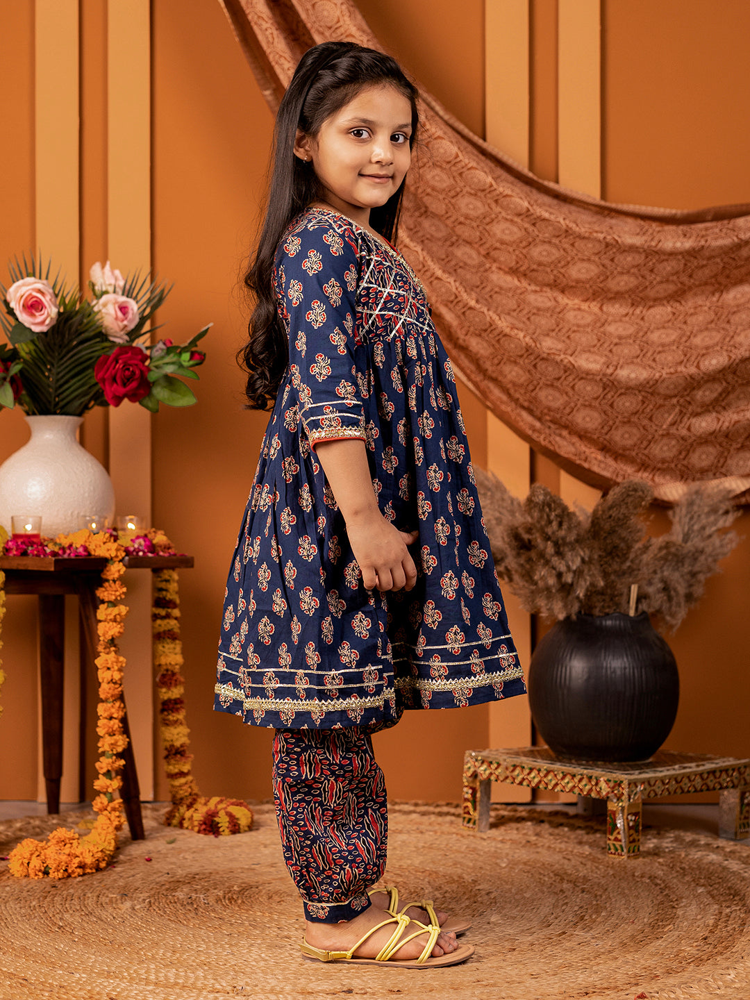 Salwar Suit set in Ajrakh Print - Navy