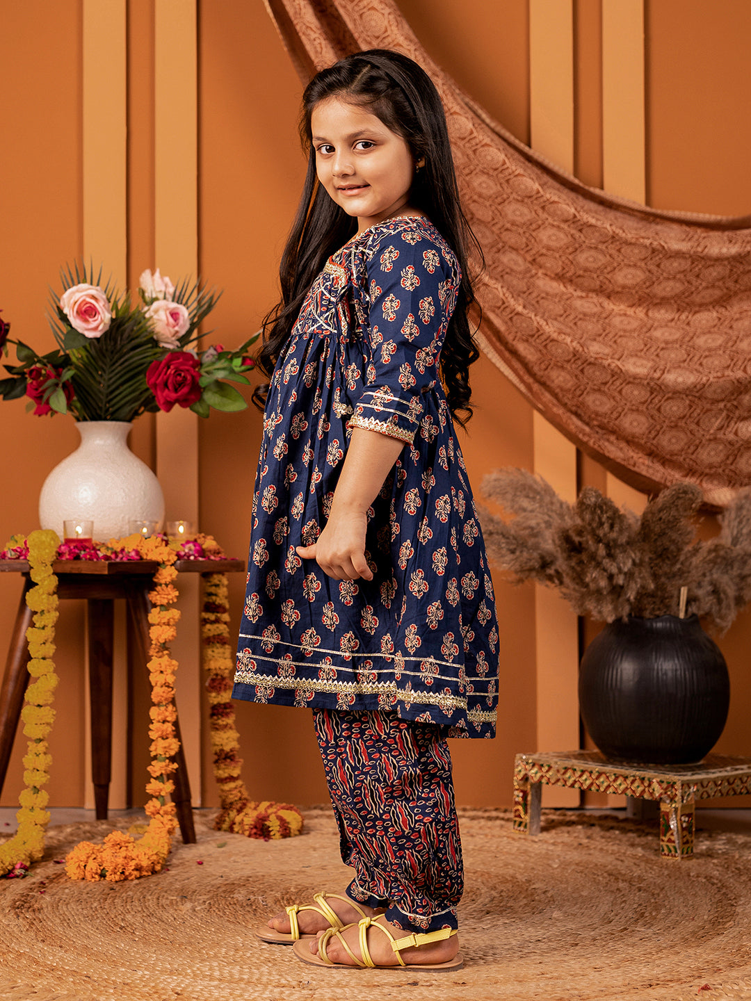 Salwar Suit set in Ajrakh Print - Navy