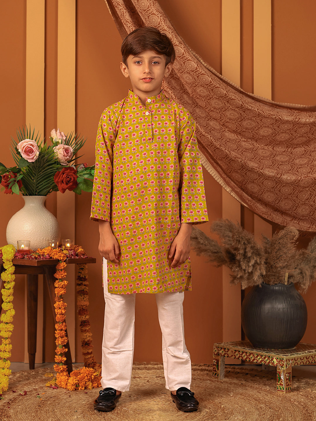 Boys Kurta Pyjama Printed Set in Cotton - Mustard Yellow