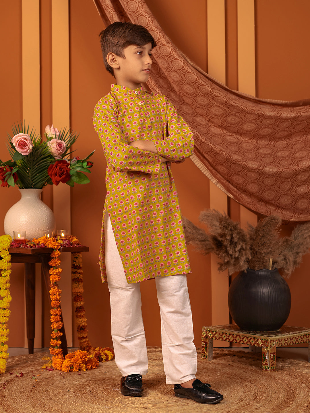 Boys Kurta Pyjama Printed Set in Cotton - Mustard Yellow