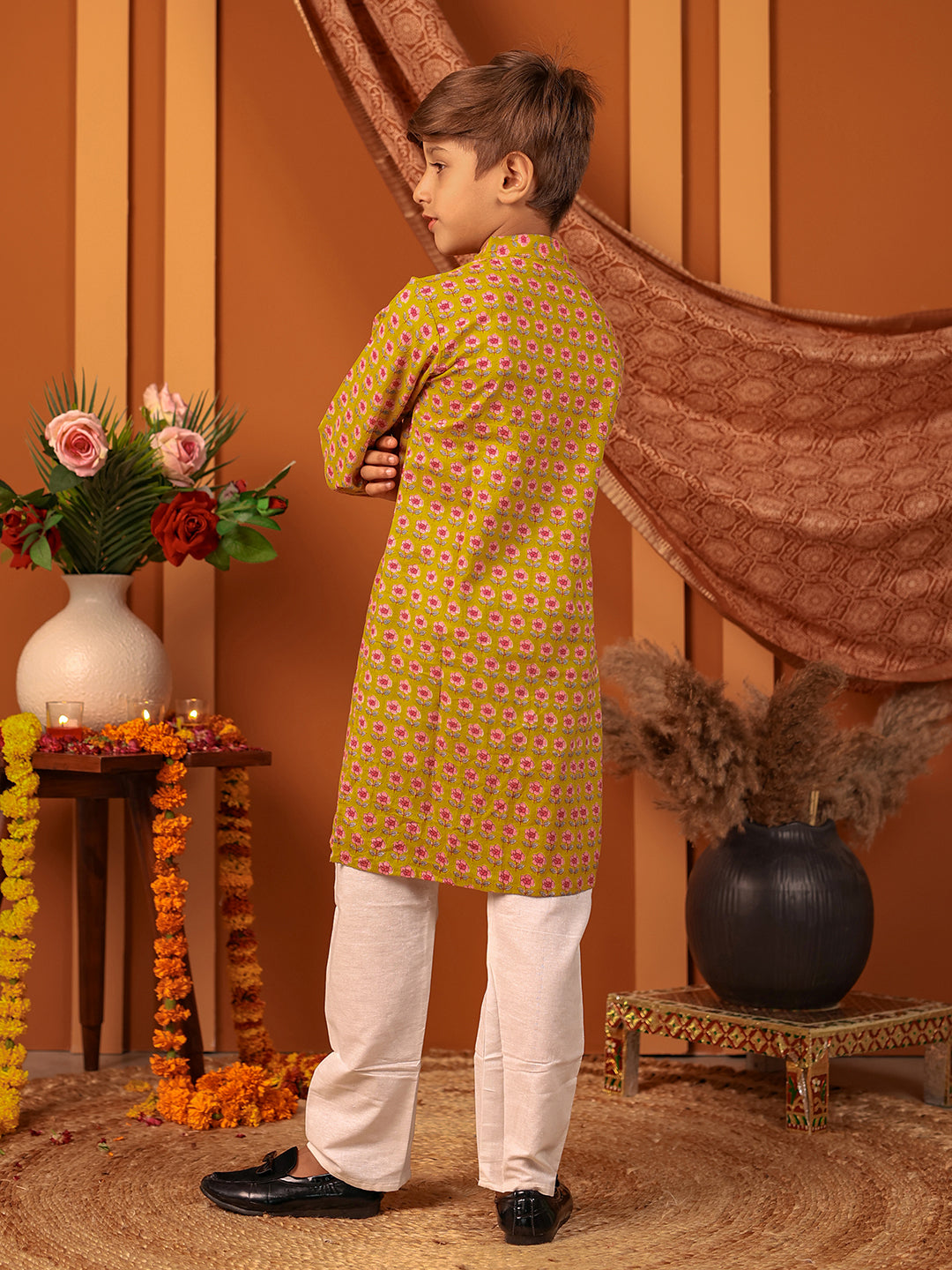 Boys Kurta Pyjama Printed Set in Cotton - Mustard Yellow