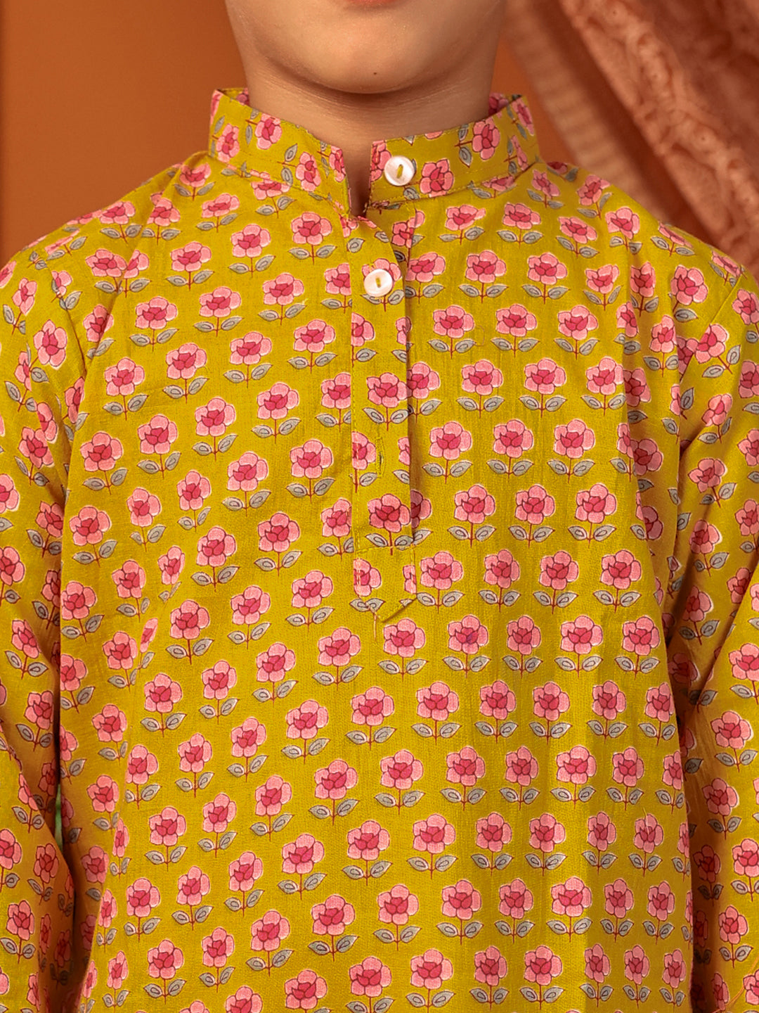 Boys Kurta Pyjama Printed Set in Cotton - Mustard Yellow