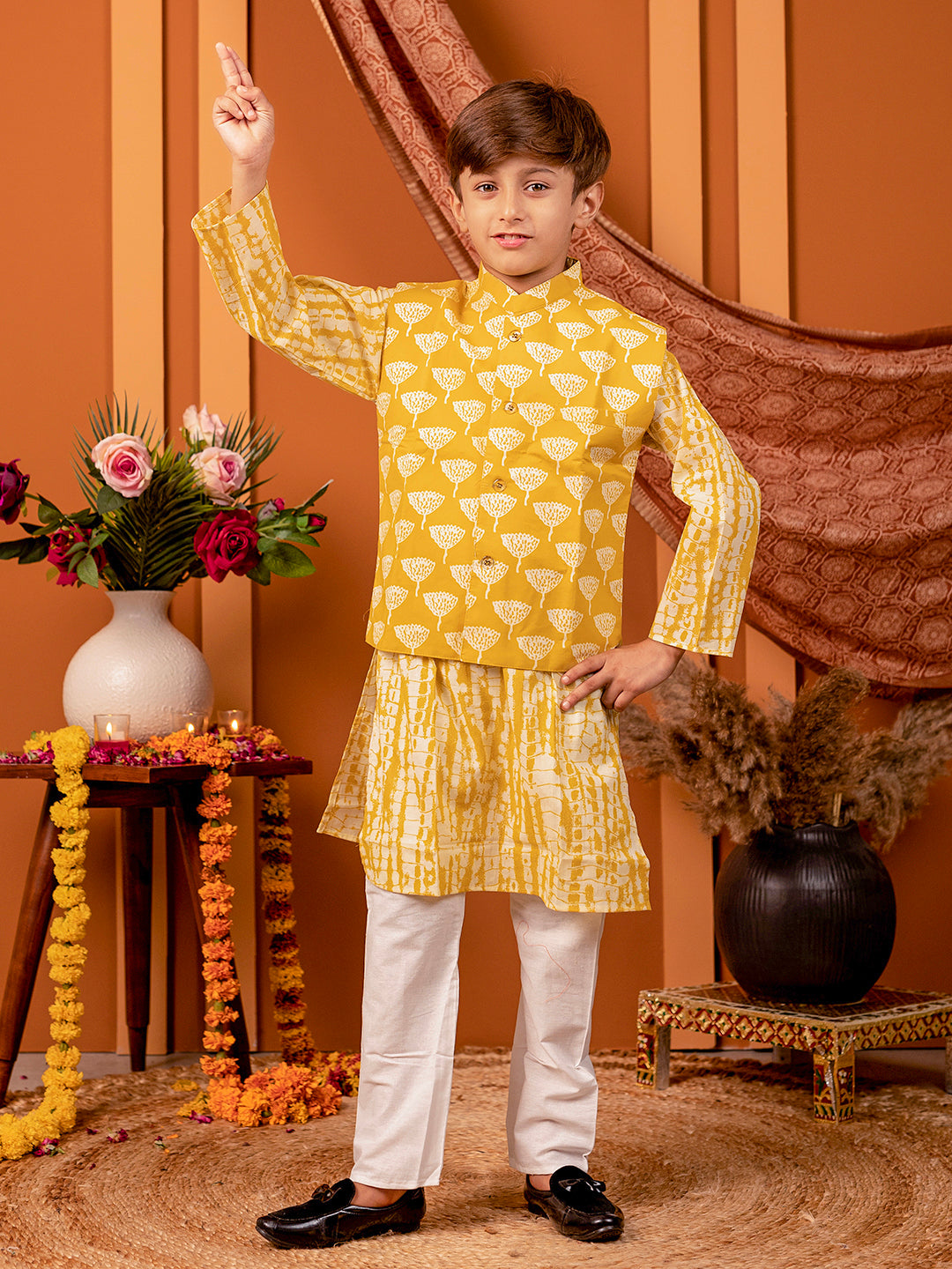 Boys Kurta Pyjama with Jacket in Handblock Print -Yellow