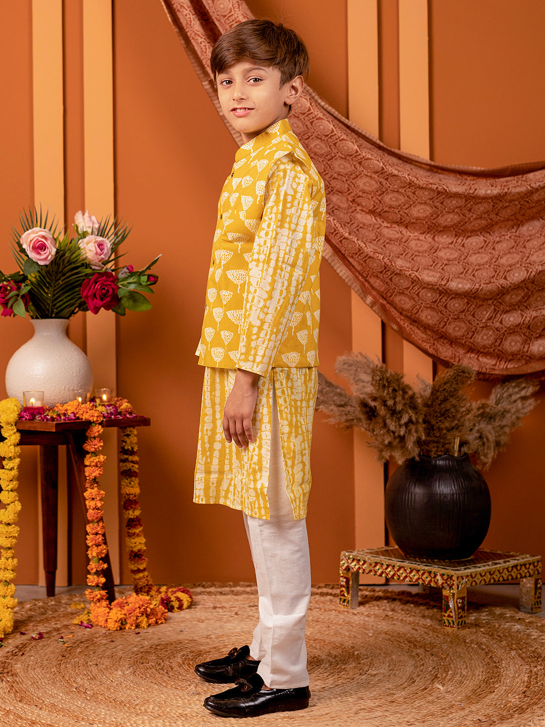 Boys Kurta Pyjama with Jacket in Handblock Print -Yellow