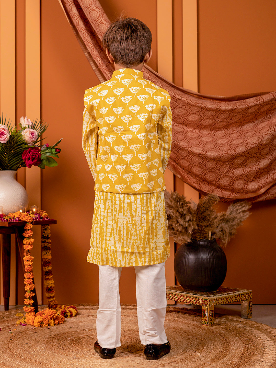 Boys Kurta Pyjama with Jacket in Handblock Print -Yellow