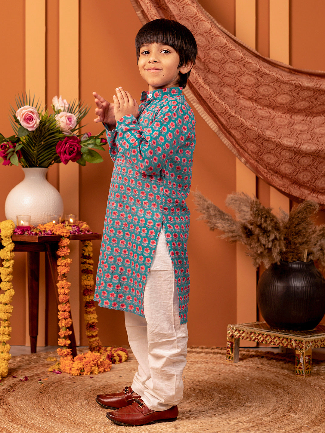 Boys Kurta Pyjama Printed Set in Cotton - Blue