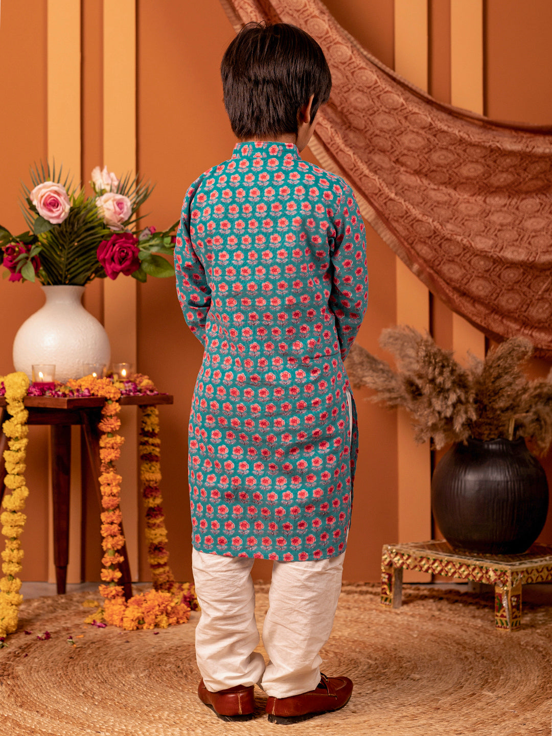 Boys Kurta Pyjama Printed Set in Cotton - Blue