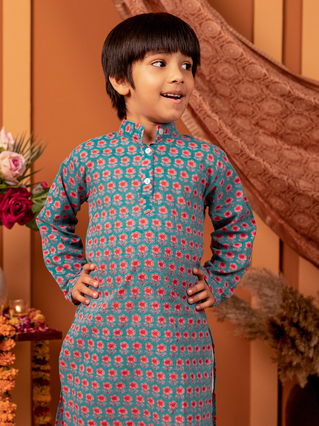 Boys Kurta Pyjama Printed Set in Cotton - Blue