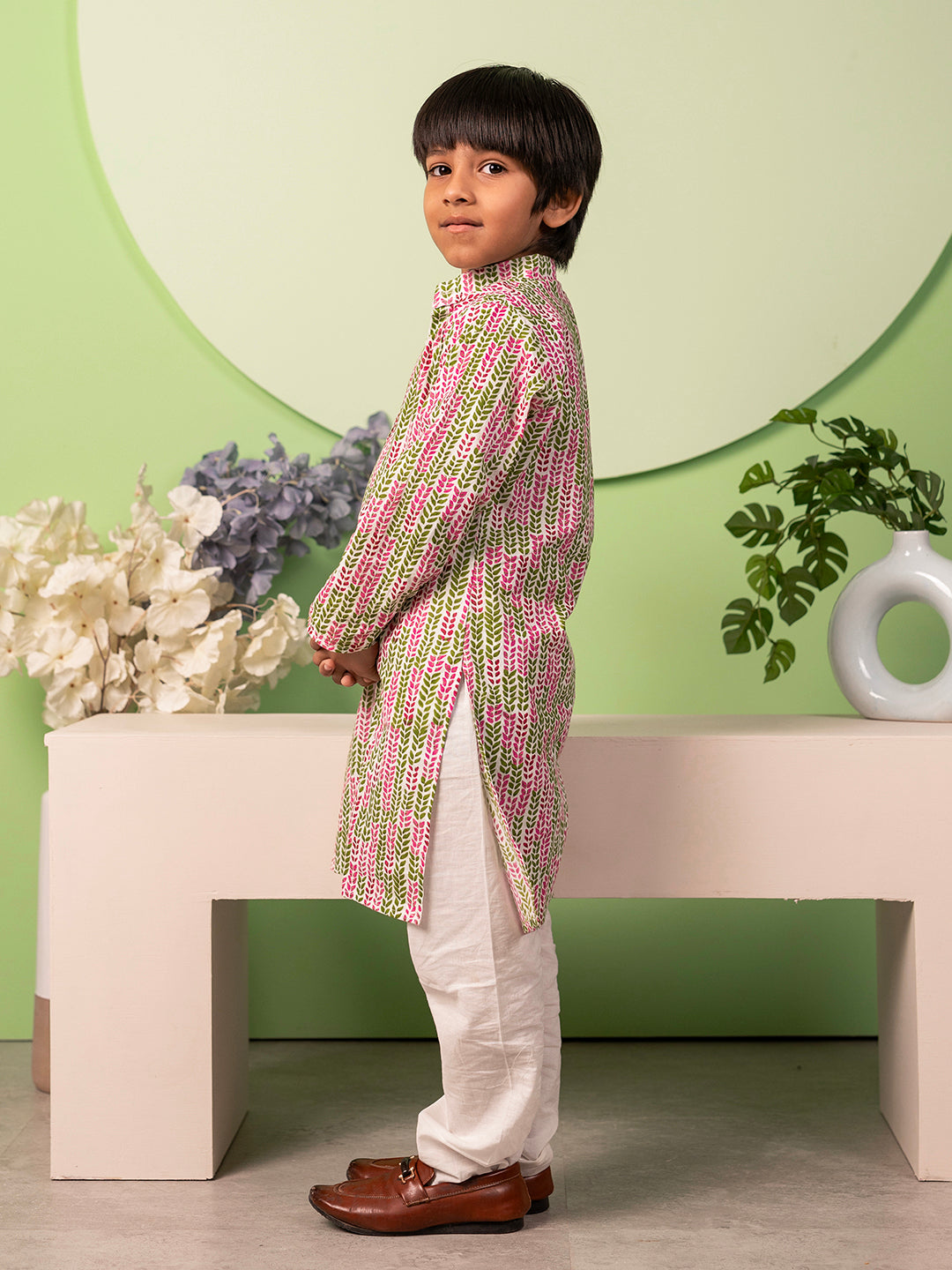 Boys Kurta Pyjama Set in Cotton - Purple & Green