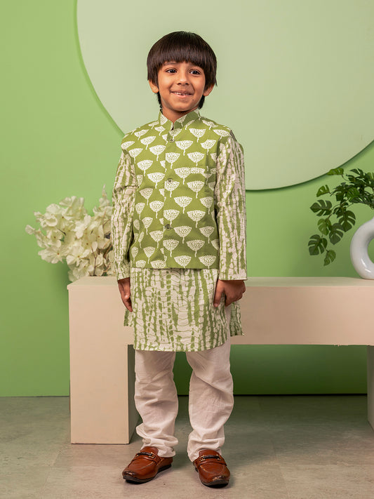 Boys Kurta Pyjama with Jacket in Handblock Print -Green