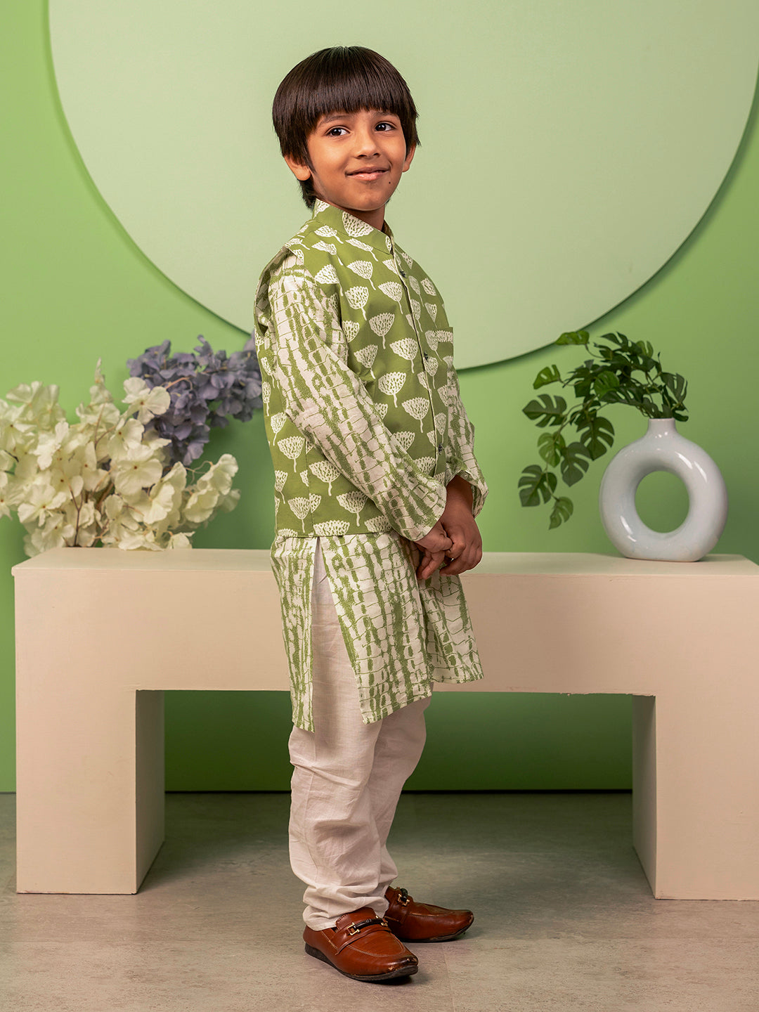 Boys Kurta Pyjama with Jacket in Handblock Print -Green