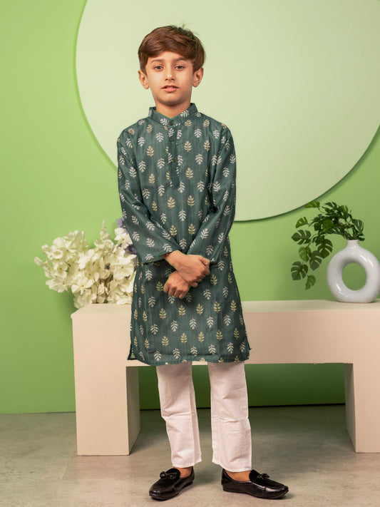 Boys Kurta Pyjama Set in Chanderi Cotton Silk- Green