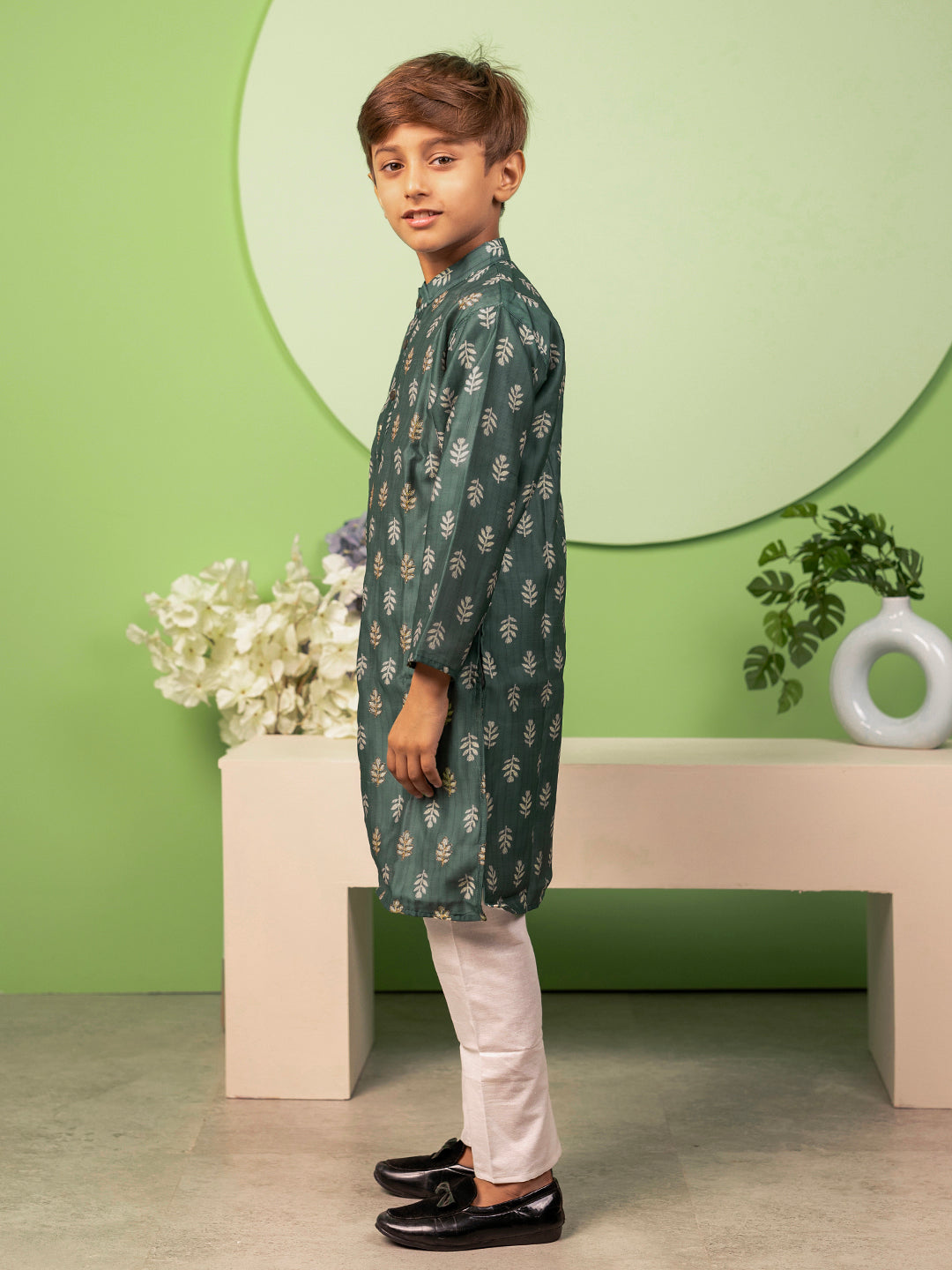 Conjunto de kurta y pijama para niño en seda de algodón Chanderi - Verde