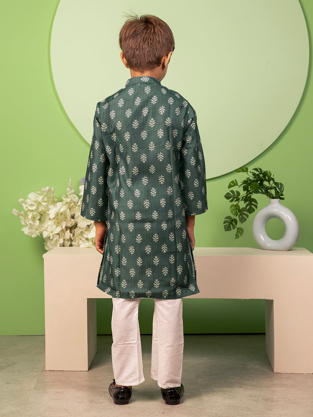 Conjunto de kurta y pijama para niño en seda de algodón Chanderi - Verde