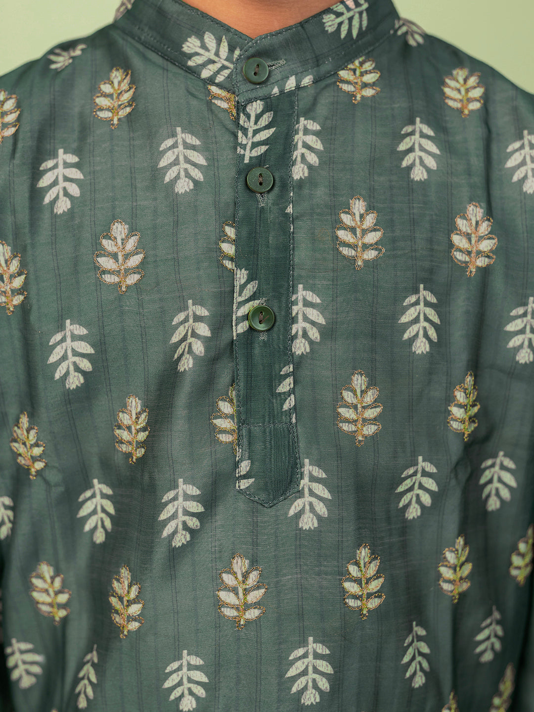 Conjunto de kurta y pijama para niño en seda de algodón Chanderi - Verde
