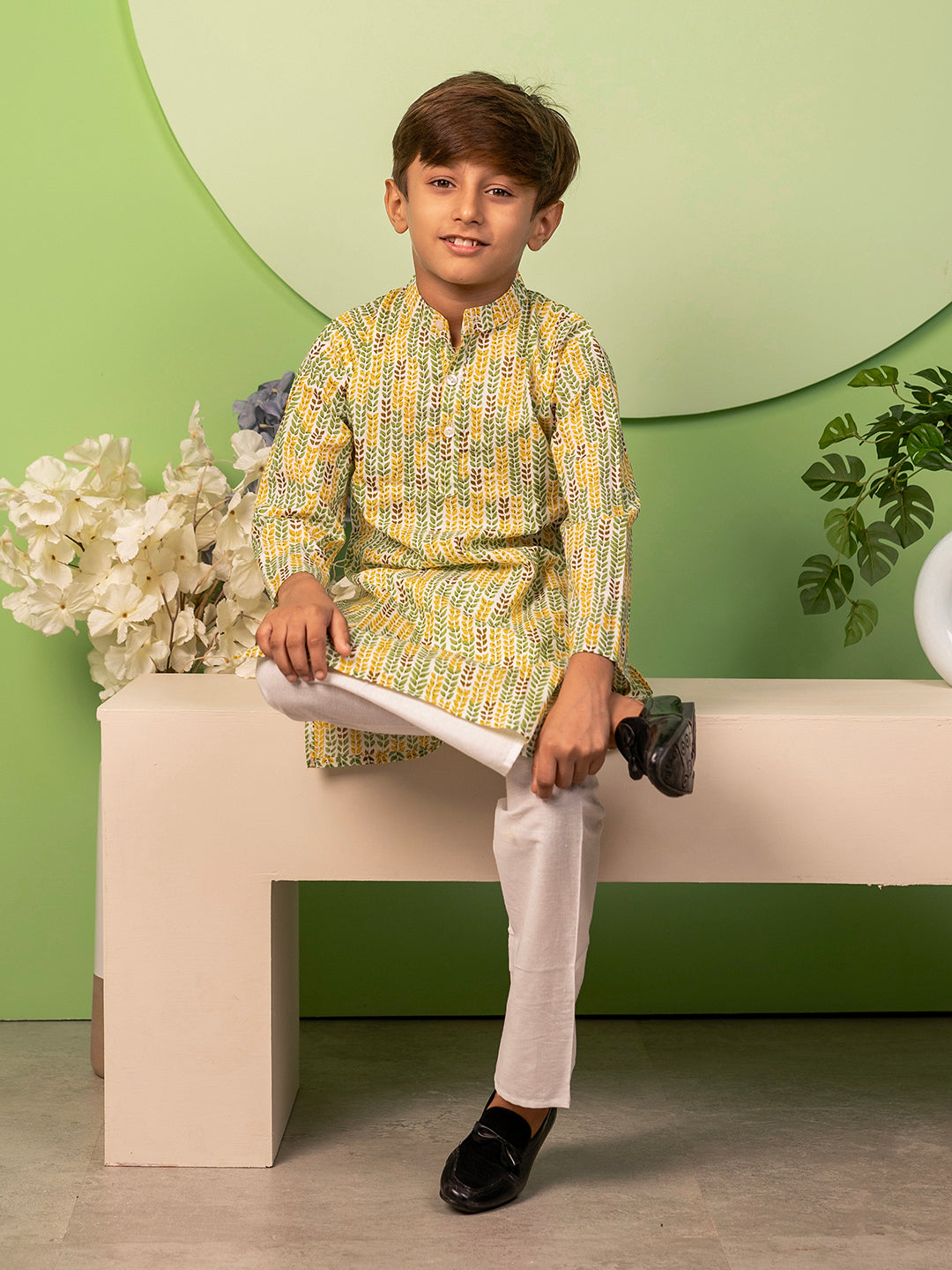 Boys Kurta Pyjama Set in Cotton - Yellow & Green