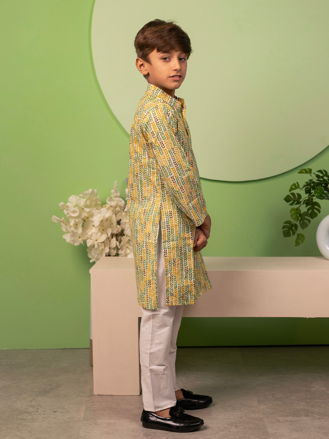 Boys Kurta Pyjama Set in Cotton - Yellow & Green