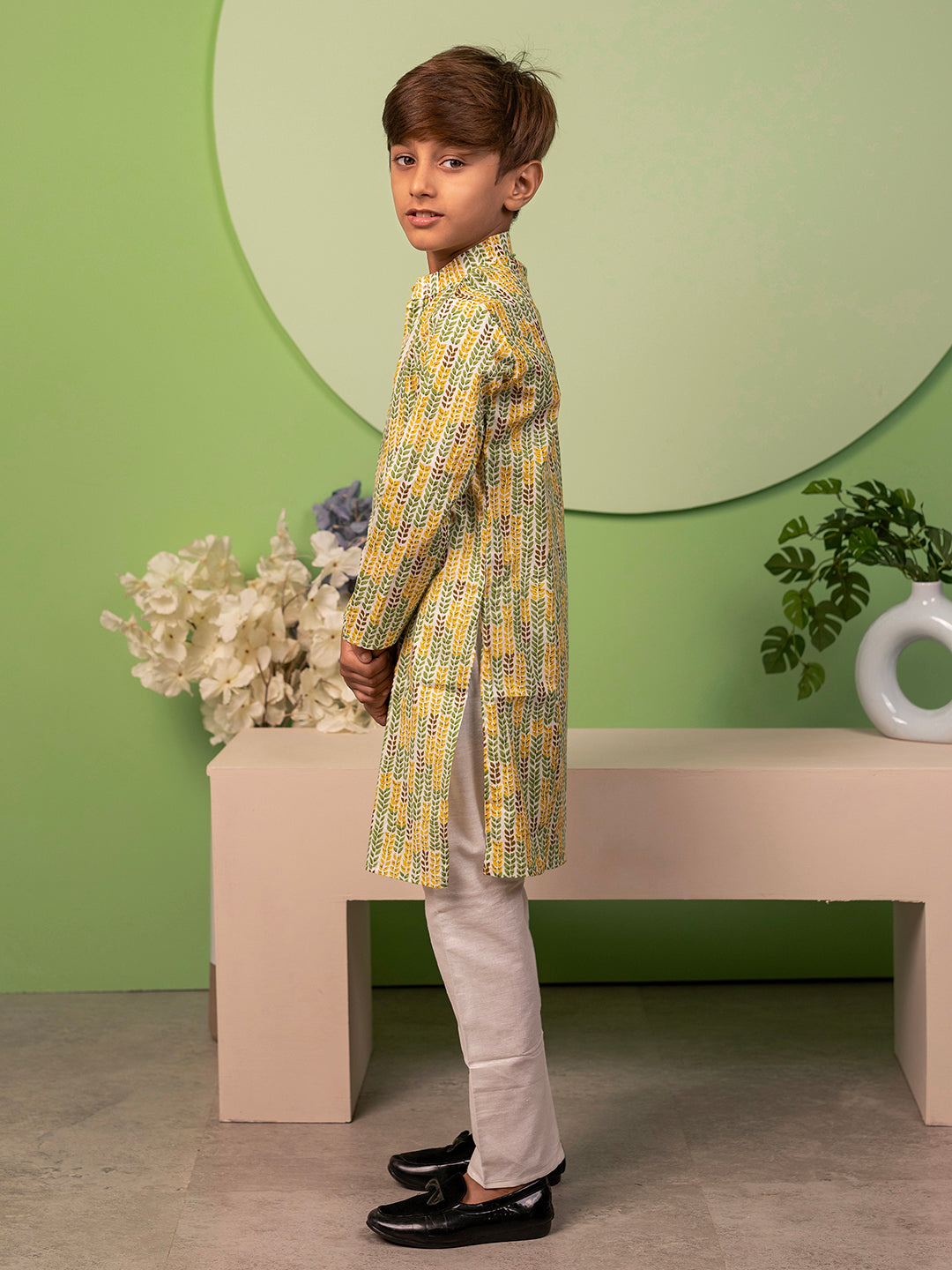 Boys Kurta Pyjama Set in Cotton - Yellow & Green