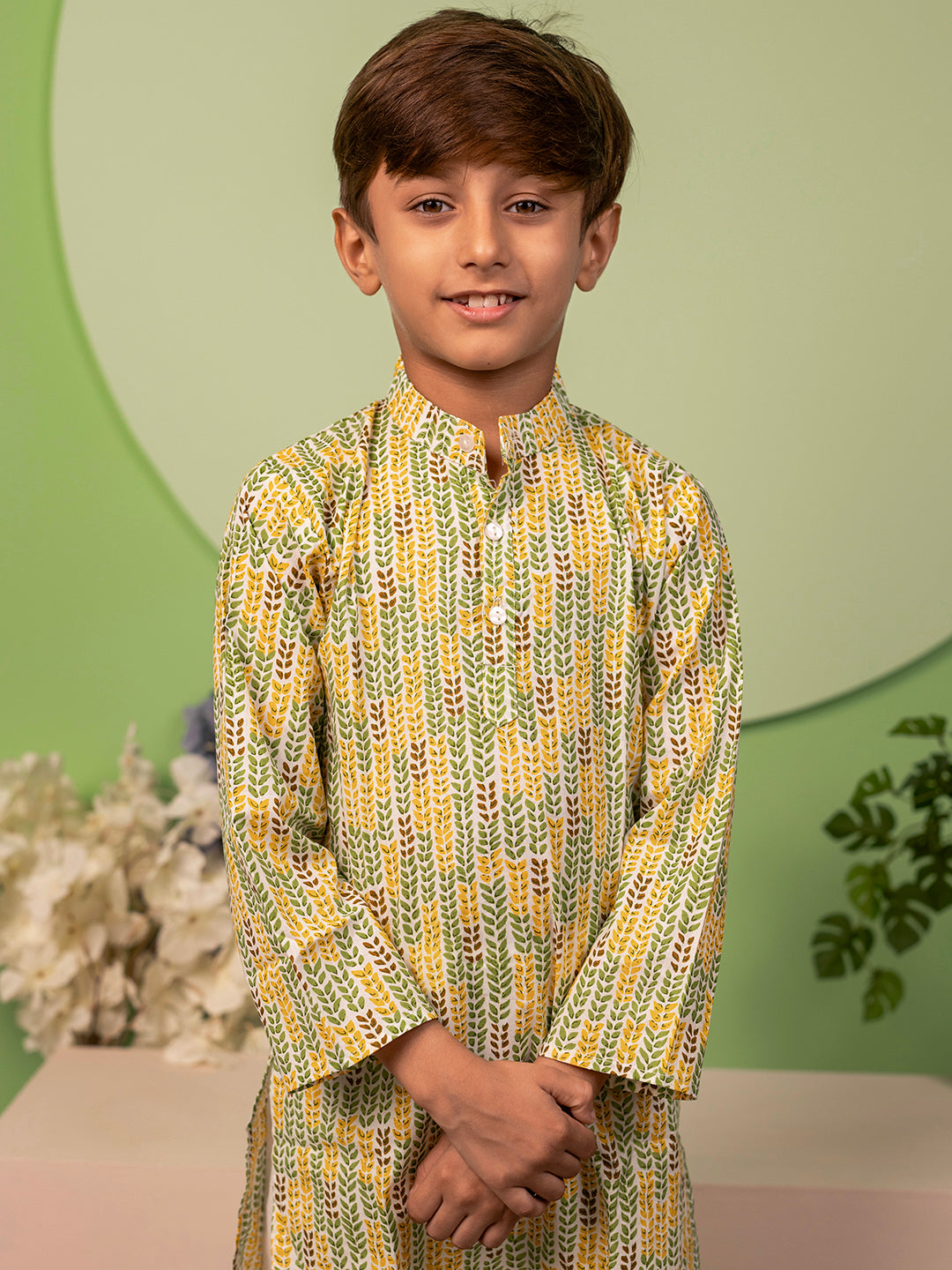 Boys Kurta Pyjama Set in Cotton - Yellow & Green