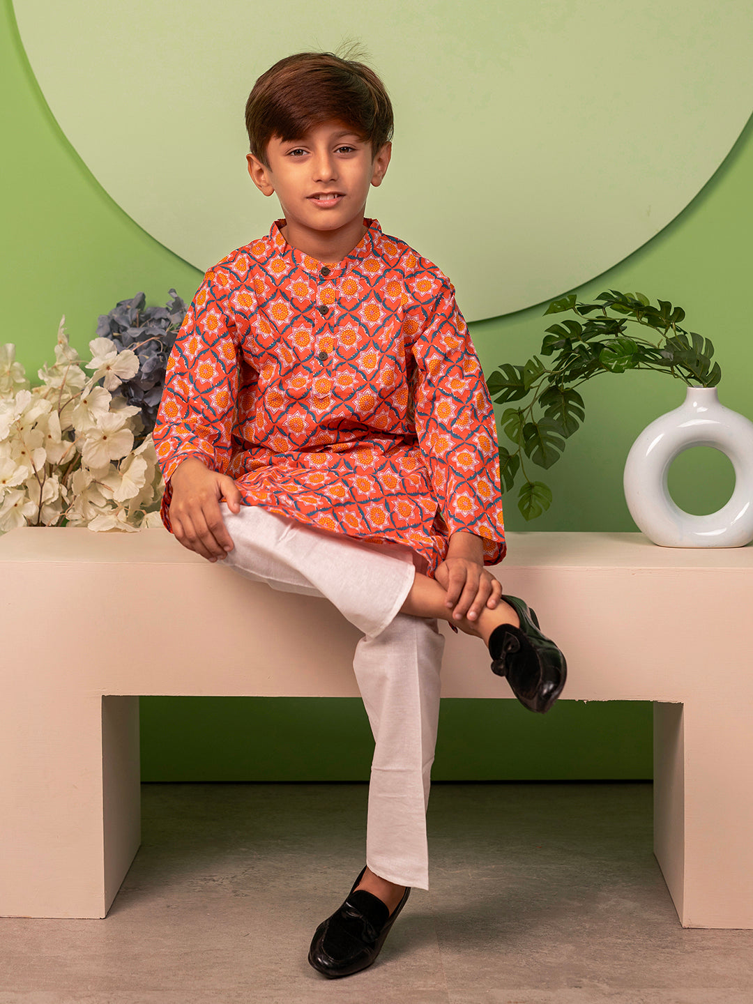 Boys Kurta Pyjama Set in Cotton - Orange