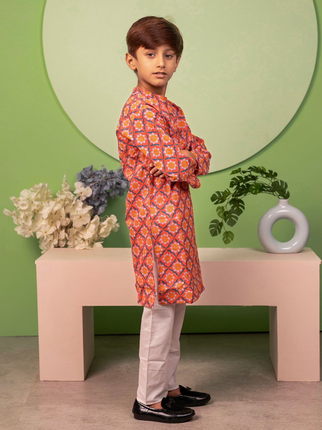Boys Kurta Pyjama Set in Cotton - Orange