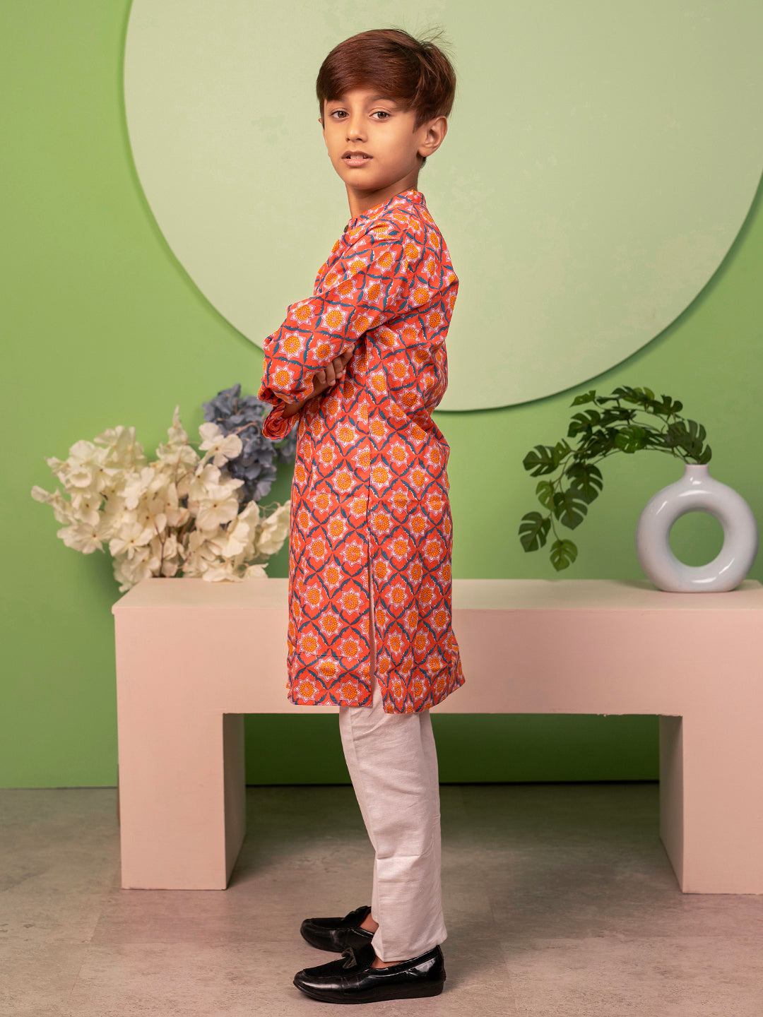 Boys Kurta Pyjama Set in Cotton - Orange