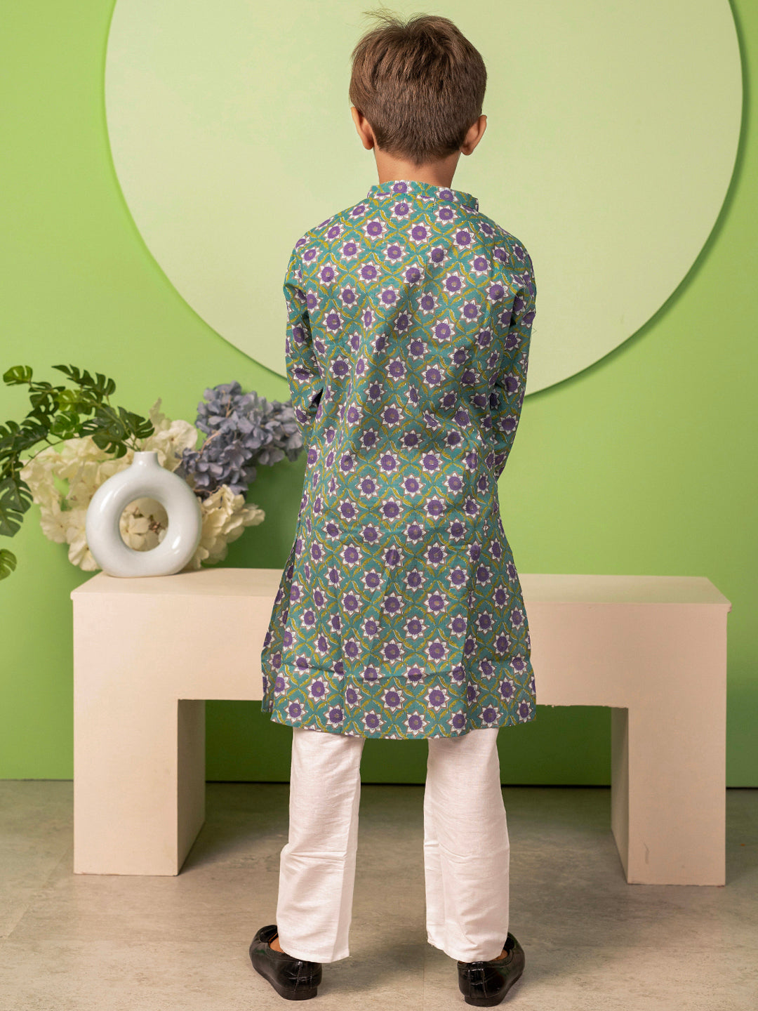 Boys Kurta Pyjama Printed Set in Cotton - Green