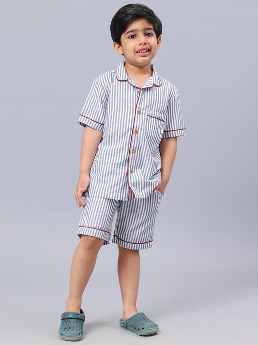 White & Grey Striped Night Suits For Girls & Boys