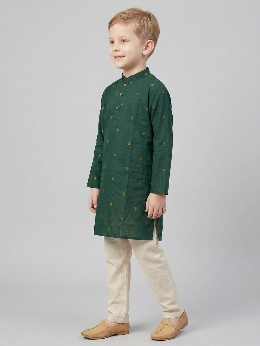 Biglilpeople Boys Green Printed Mandarin Collar Cotton Kurta Set